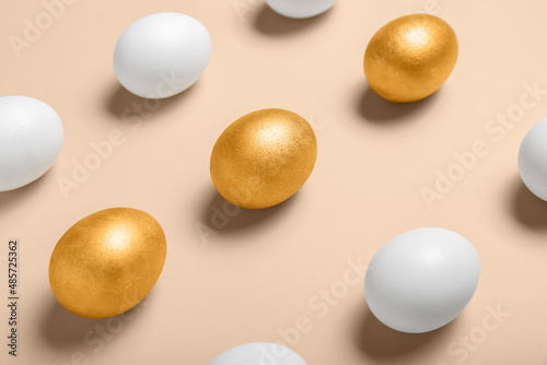 Many Easter eggs on color background, closeup