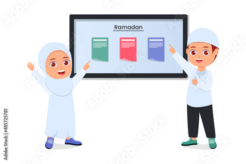 Cute girl and boy preparing Activity Schedule for the holy month of Ramadan