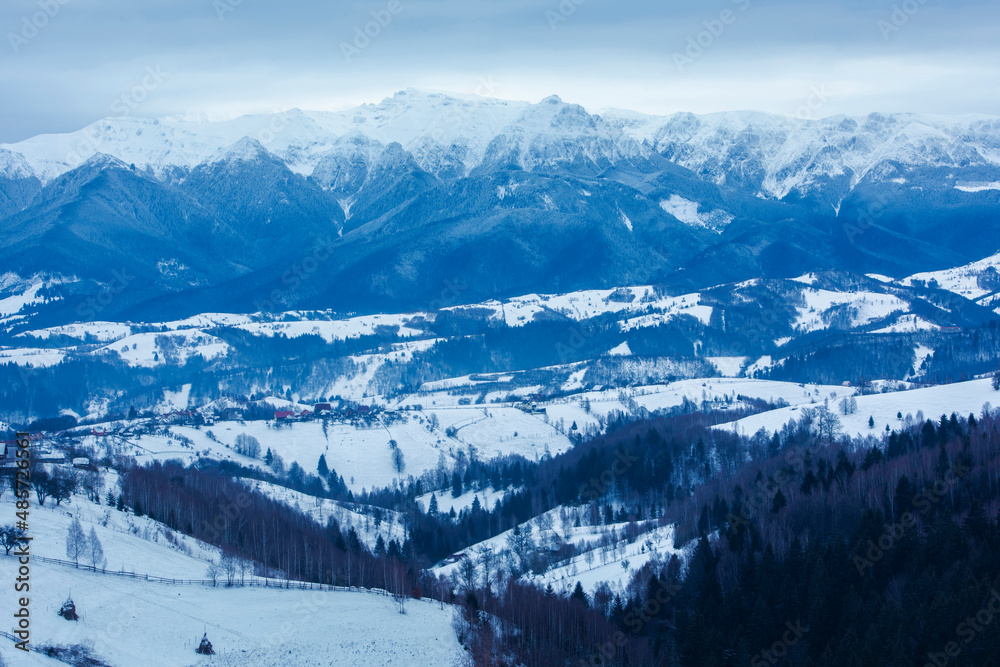 Carpathian Mountains snowy winter landscape, Pestera, Bran, Transylvania, Romania