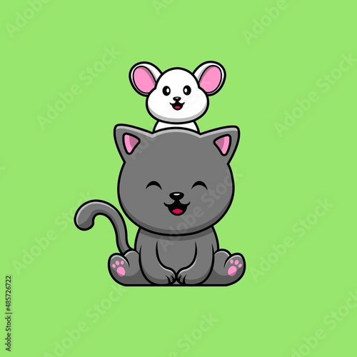 Cute Cat With Mouse Cartoon Vector Icon Illustration. Animal Icon Concept Isolated Premium Vector. Flat Cartoon Style