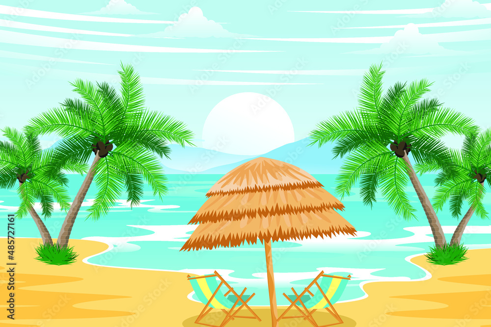 Hello summer. Summer landscape background. Beach background with sunrise Hello summer. Summer landscape background. Beach background with sunrise