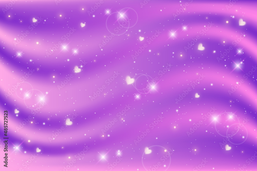 Cute cartoon girly background. Lilac waves with bokeh and hearts for Valentine day decoration. Fantasy background. Vector. Cute cartoon girly background. Lilac waves with bokeh and hearts for Valentine day decoration. Fantasy background. Vector.