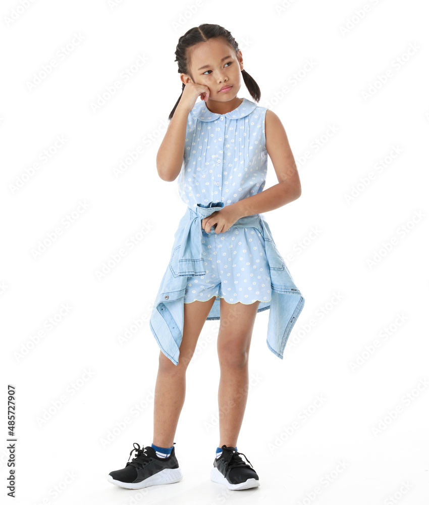 Portrait full body studio cutout shot of Asian young happy cheerful pigtail braid hairstyle elementary school girl in blue sleeveless dress standing posing smiling look at camera on white background Portrait full body studio cutout shot of Asian young happy cheerful pigtail braid hairstyle elementary school girl in blue sleeveless dress standing posing smiling look at camera on white background
