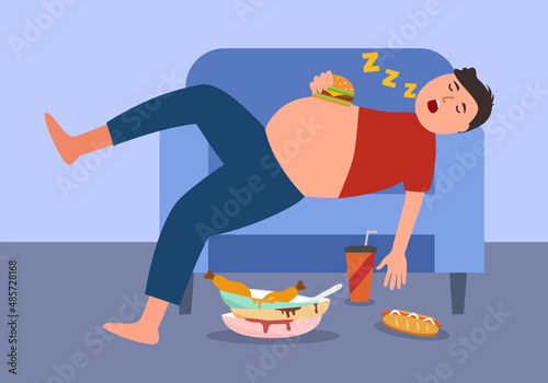 Hungry fat guy overeating and sleeping on sofa in flat design.