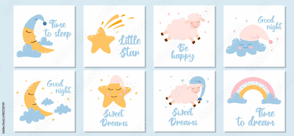  Vector set of good night posters. Hand-drawn cute set of postcards with cute clouds, sheep and stars.
