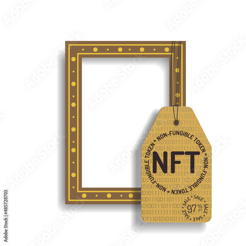 Picture frame with nft tag. A work of art is sold through an auction for cryptocurrency. Sale. Vector