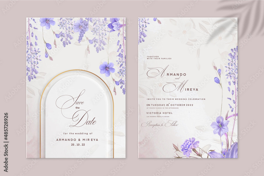 Floral Wedding Invitation and Save the Date with Purple Flower Floral Wedding Invitation and Save the Date with Purple Flower