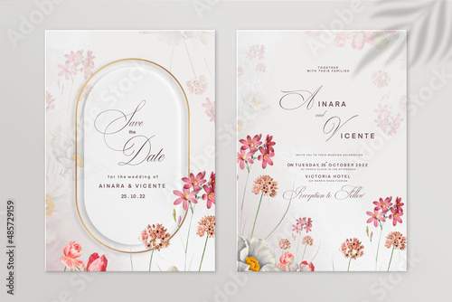 Floral Wedding Invitation and Save the Date with Red Flower