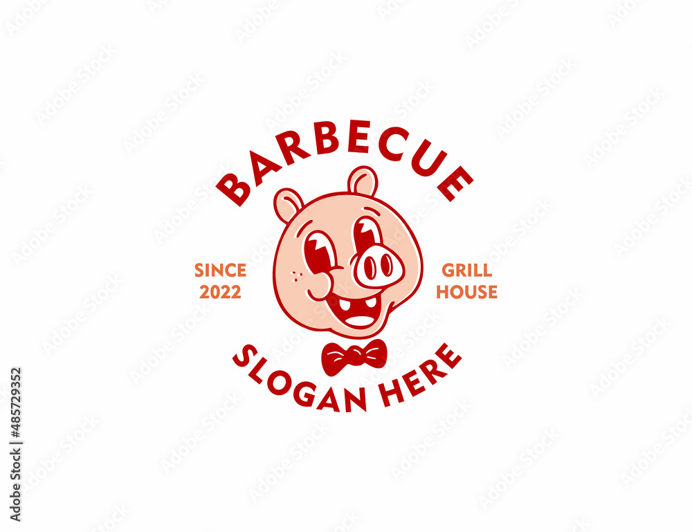 Retro vintage pig character mascot logo barbecue grill template