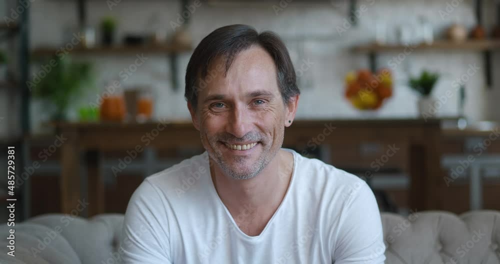 Close-up portrait of successful caucasian mature man smiling looking at camera while sitting at home on sofa. Headshot of senior male on kitchen background Close-up portrait of successful caucasian mature man smiling looking at camera while sitting at home on sofa. Headshot of senior male on kitchen background