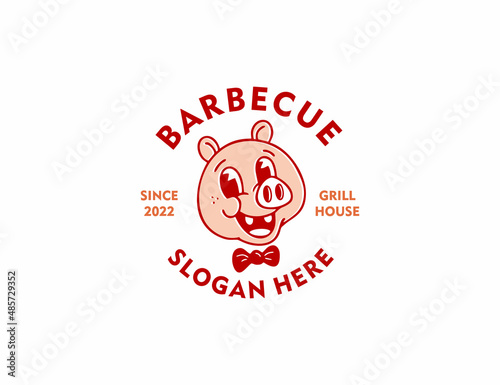Retro vintage pig character mascot logo barbecue grill template