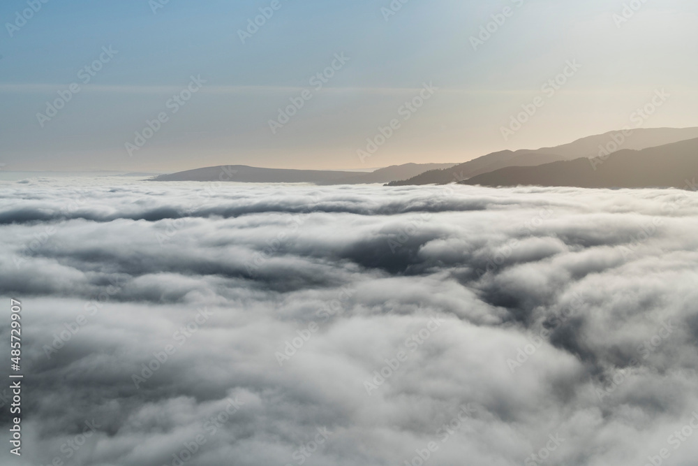 Clouds cover Loch Lomond, seen from Ben Lomond in the Trossachs National Park, Scottish Highlands, Scotland, United Kingdom, Europe