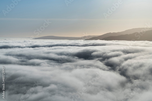 Clouds cover Loch Lomond, seen from Ben Lomond in the Trossachs National Park, Scottish Highlands, Scotland, United Kingdom, Europe