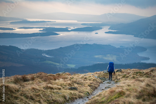 Hiking Ben Lomond, with Loch Lomond in distance, Trossachs National Park, Scottish Highlands, Scotland, United Kingdom, Europe