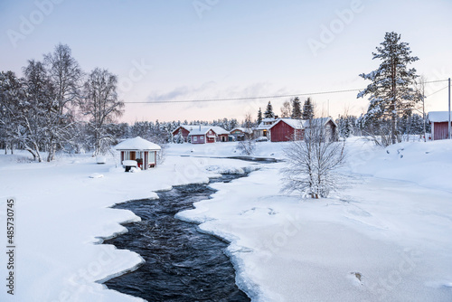 Small village settlement inside the Arctic Circle in Finnish Lapland, Finland