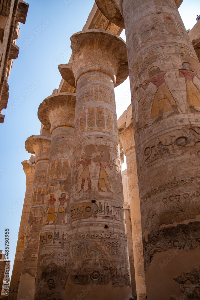 Columns in Great Hypostyle Hall at the Temple of Karnak (ancient Thebes). Luxor, Egypt