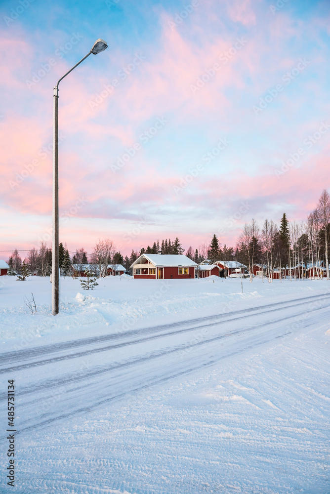 Dangerous driving conditions on icy winter roads, Akaslompolo town in the Arctic Circle in Finnish Lapland, Finland