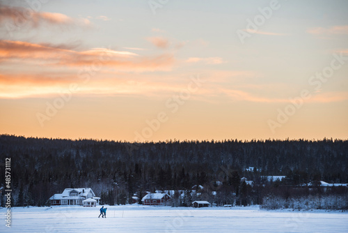 People on a hiking adventure in Akaslompolo town in the Arctic Circle in Finnish Lapland, Finland