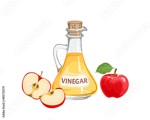 Fotografija Apple cider vinegar in glass bottle and red apples fruits isolated on white background