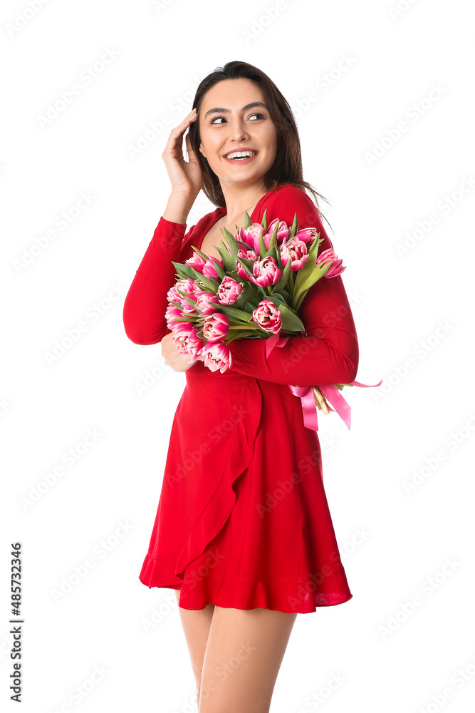 Pretty young woman with flowers on white background. International Women's Day celebration Pretty young woman with flowers on white background. International Women's Day celebration