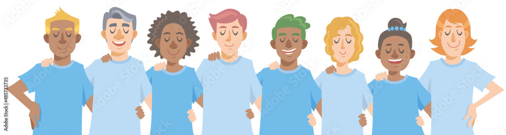 Smiling diverse people arms around each other's shoulders. Concept of teamwork, diversity, friendship. Vector illustration in flat cartoon style. Smiling diverse people arms around each other's shoulders. Concept of teamwork, diversity, friendship. Vector illustration in flat cartoon style.