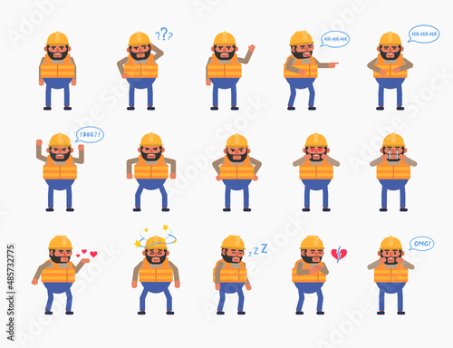 Construction worker showing various emotions. Builder crying, laughing, happy, tired, angry and showing other expressions. Modern vector illustration