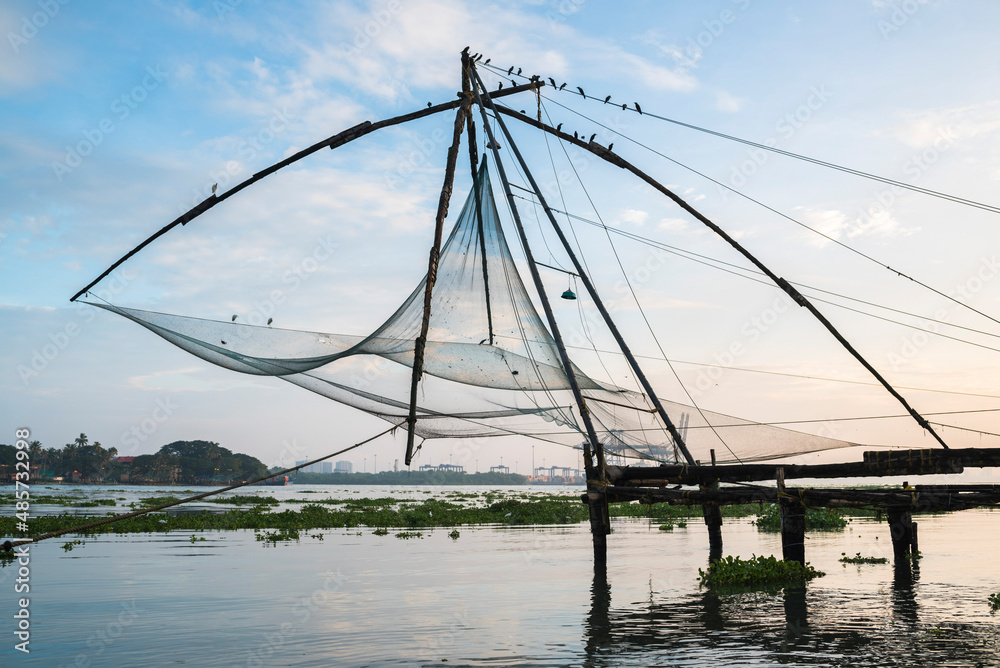 Traditional Chinese fishing nets at dawn, Fort Kochi (Cochin), Kerala, India