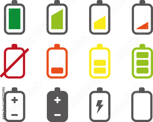 Battery icons set. Battery charging charge indicator icon. Level battery energy. Colored flat icons.