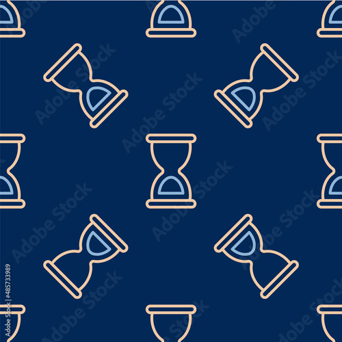 Line Old hourglass with flowing sand icon isolated seamless pattern on blue background. Sand clock sign. Business and time management concept. Vector