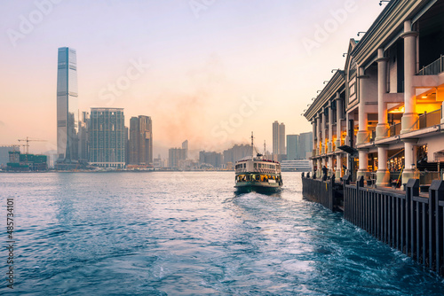 Star Ferry leaving Hong Kong Island, towards Kowloon at night, Hong Kong, China