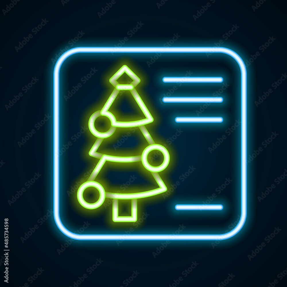 Glowing neon line Christmas postcard icon isolated on black background. Merry Christmas and Happy New Year. Colorful outline concept. Vector Glowing neon line Christmas postcard icon isolated on black background. Merry Christmas and Happy New Year. Colorful outline concept. Vector