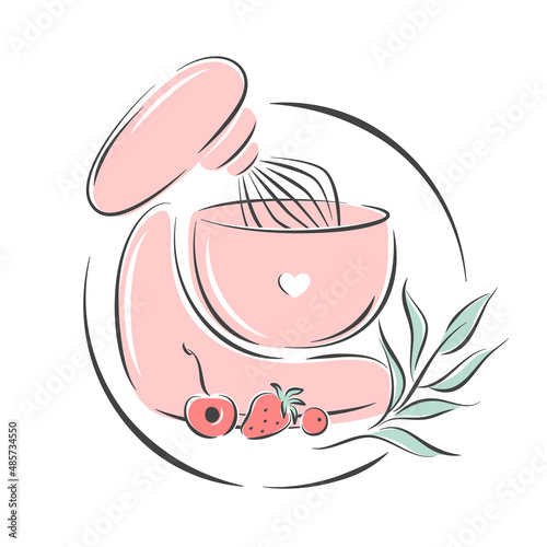 Pastry shop logo. Planetary stationary dough mixer and different berries and plants. Vector illustration on white background 