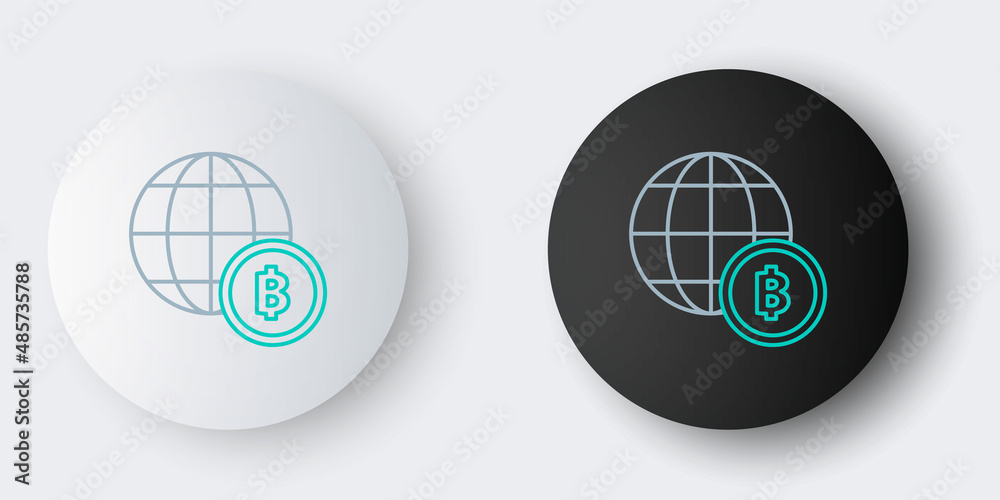 Fototapeta premium Line Globe and cryptocurrency coin Bitcoin icon isolated on grey background. Physical bit coin. Blockchain based secure crypto currency. Colorful outline concept. Vector