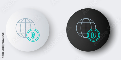 Line Globe and cryptocurrency coin Bitcoin icon isolated on grey background. Physical bit coin. Blockchain based secure crypto currency. Colorful outline concept. Vector