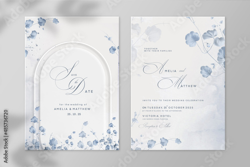 Geometric Wedding Invitation and Save the Date with Blue Flower
