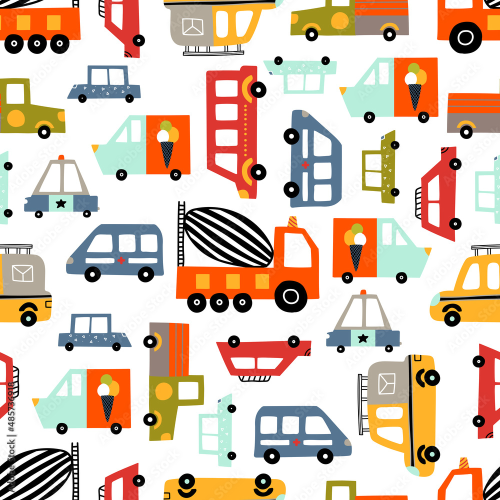 Cute kids seamless pattern with cars on a white background.Can be used in textile industry, paper, background, scrapbooking.Vector Cute kids seamless pattern with cars on a white background.Can be used in textile industry, paper, background, scrapbooking.Vector