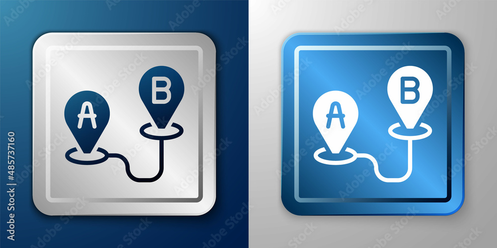 White Route location icon isolated on blue and grey background. Map pointer sign. Concept of path or road. GPS navigator. Silver and blue square button. Vector White Route location icon isolated on blue and grey background. Map pointer sign. Concept of path or road. GPS navigator. Silver and blue square button. Vector
