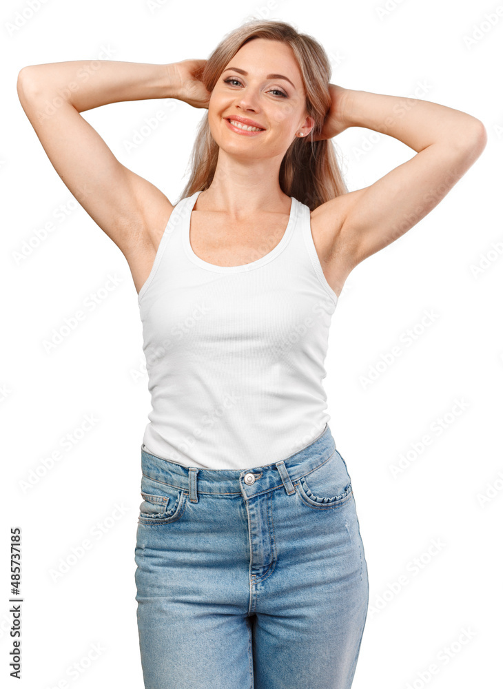 Portrait of young beautiful girl smiling looking at camera over white background Portrait of young beautiful girl smiling looking at camera over white background