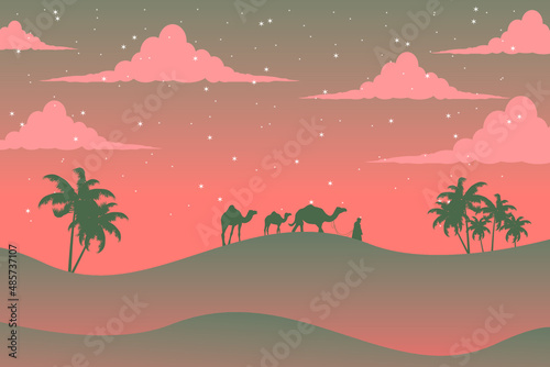Silhouette Camel rider crossing vast desert hill Arabian landscape illustration