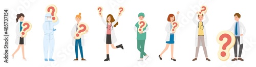 8 paramedic man or woman doctor or laboratory staff composition, medical worker with question mark, cartoon vector