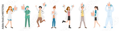 8 paramedic man or woman doctor or laboratory staff composition, medical worker with thumbs up symbol, ok sign, clenched fist and thumbs up, cartoon vector