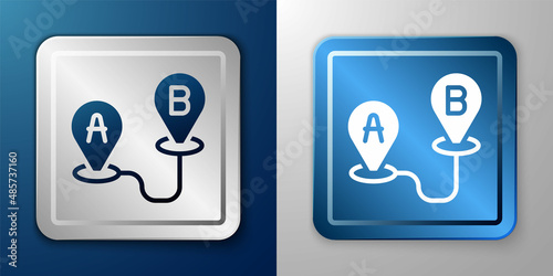 White Route location icon isolated on blue and grey background. Map pointer sign. Concept of path or road. GPS navigator. Silver and blue square button. Vector
