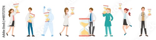 8 paramedic man or woman doctor or laboratory staff composition, medical worker with hourglass, countdown, cartoon vector