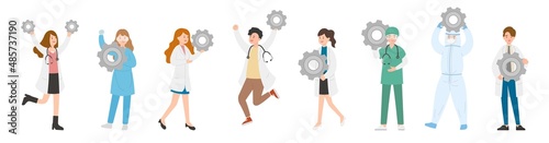 8 paramedic man or woman doctor or laboratory staff composition, medical worker with gears, cartoon vector