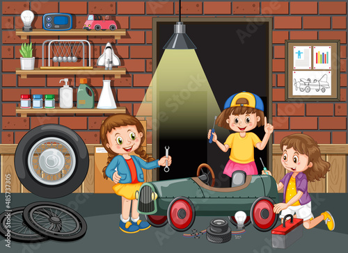 Children repairing a car together in the garage