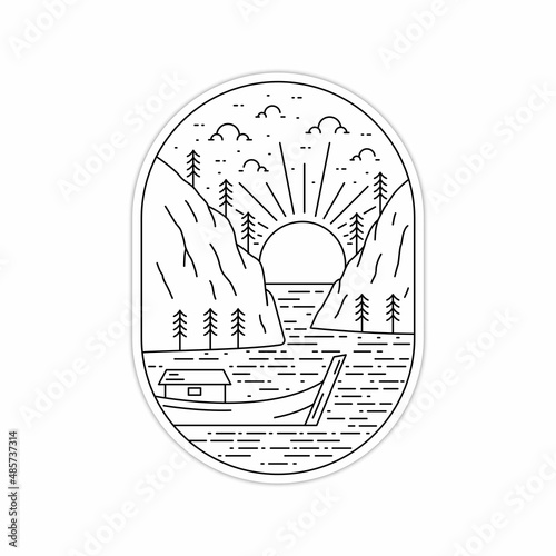 mono line - outline design of hill on the sea with wooden boat on the sunset