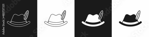 Set Oktoberfest hat icon isolated on black and white background. Hunter hat with feather. German hat. Vector