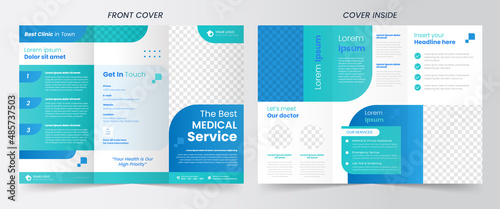 Healthcare and medical service brochure flyer trifold design usable for promotional ads with customizable photo background template