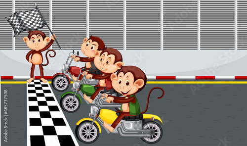 Race track scene with monkeys riding motorcycles