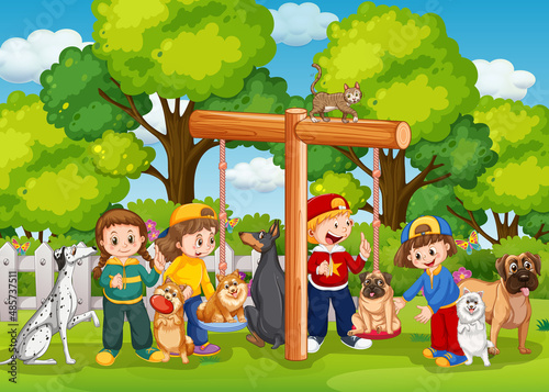 Outdoor scene with children and their dogs